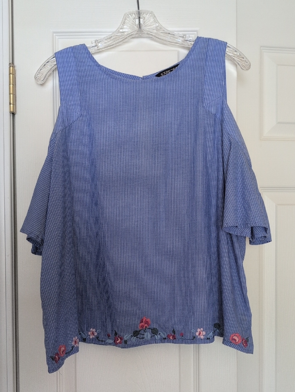 Express Blue Pinstripe Cold-Shoulder Top with Floral Hem Embroidery